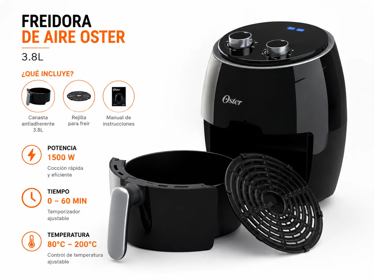 1500W · temporizador y temperatura
