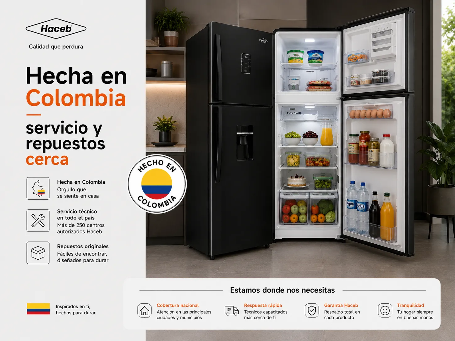 Hecha en Colombia · servicio y repuestos en todo el país