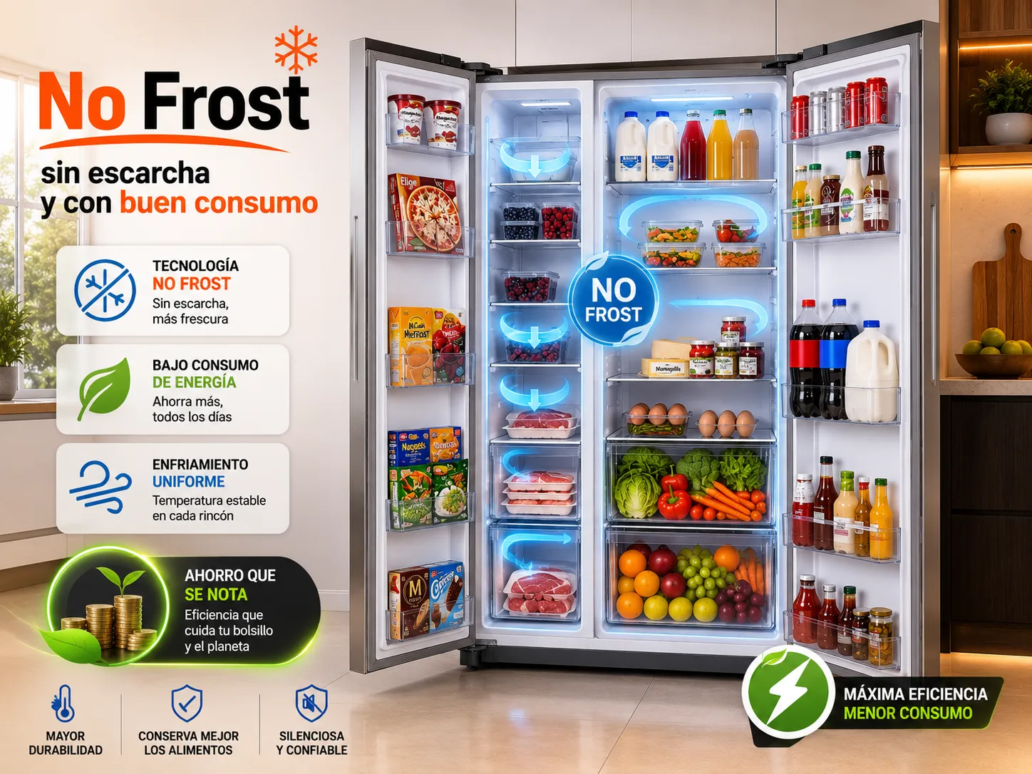 No Frost + bajo consumo · Clase A