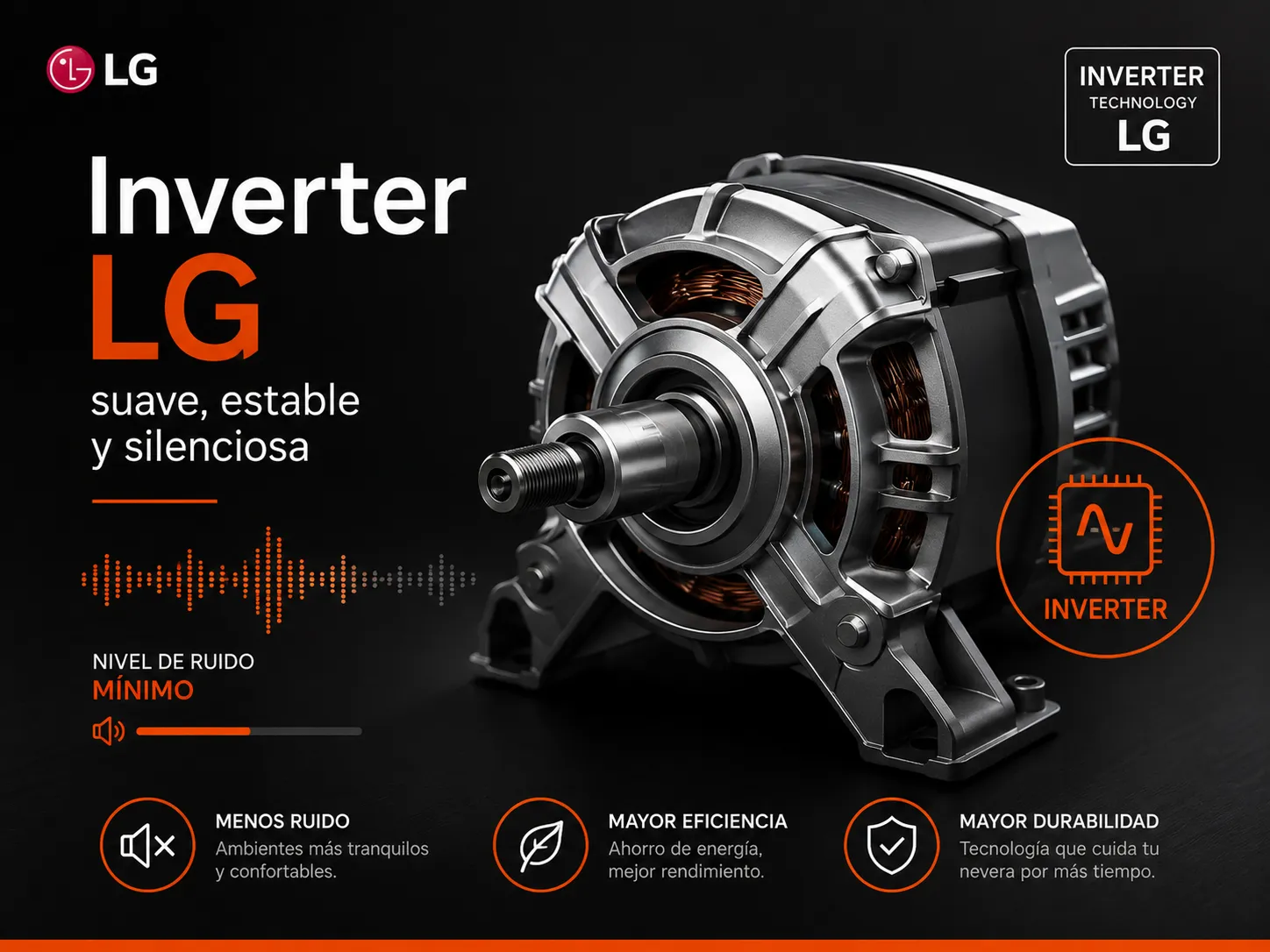 Compresor Inverter LG · silencioso y durable