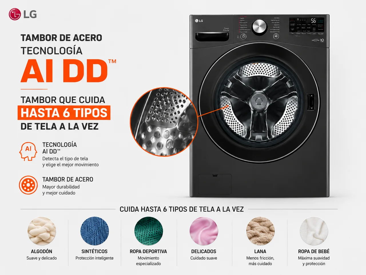 Tambor AI DD · cuida 6 tipos de tela